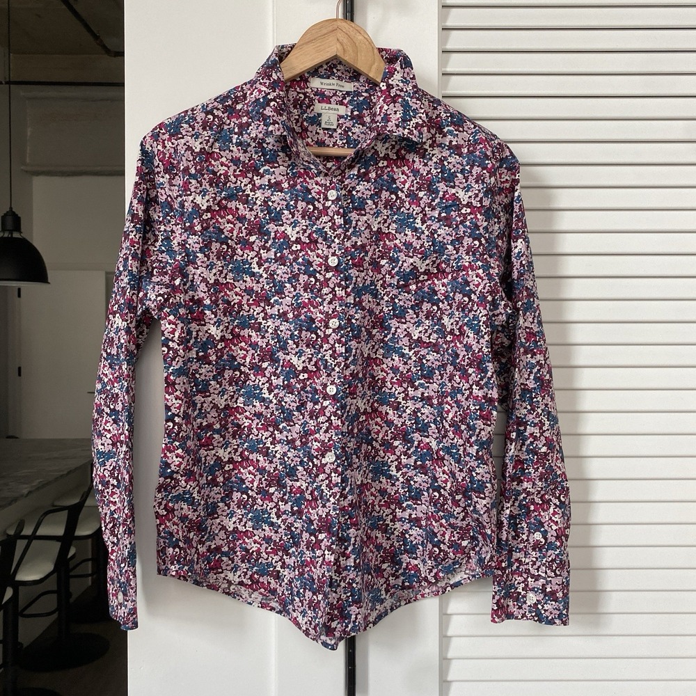 L.L Bean Purple Floral Collared Button Up Women's Small Petite Wrinkle Free